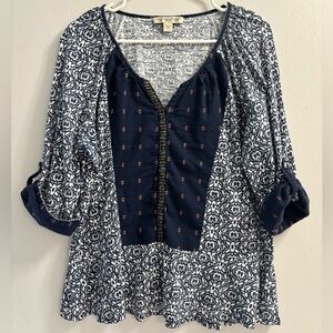 Vintage America Blues Floral Mix Print Boho Peasant Top 3/4 Sleeve Sz L